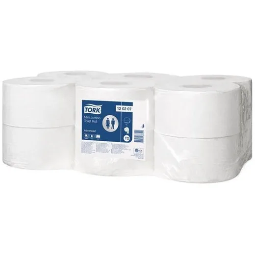 Toaletný papier, T2 systém, 2-vrstvový, priemer: 19,5 cm, Advanced "Mini Jumbo", biela