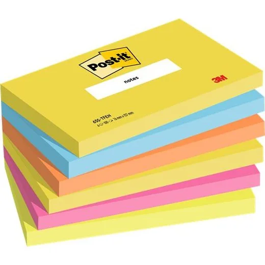 Samolepiaci bloček, 76x127 mm, 6x100 listov, 3M POSTIT, energické farby