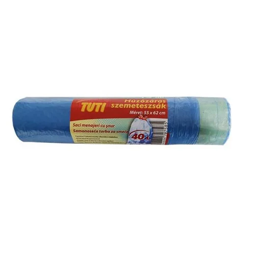 Vrecia na odpadky, zaťahovacie, 40 l, 15 ks, 55x62 cm, 14 µ, TUTI, modrá