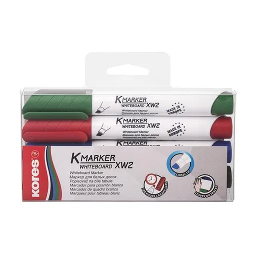 Popisovač na biele a flipchartové tabule, sada, 3-5 mm, zrezaný hrot, KORES "K-Marker XW2", 4 rôznych farieb