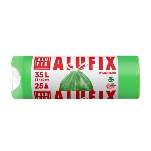 Vrecia na odpadky, zaťahovacie, 35 l, 25 ks, 53x60 cm, 15 µ, ALUFIX, zelená