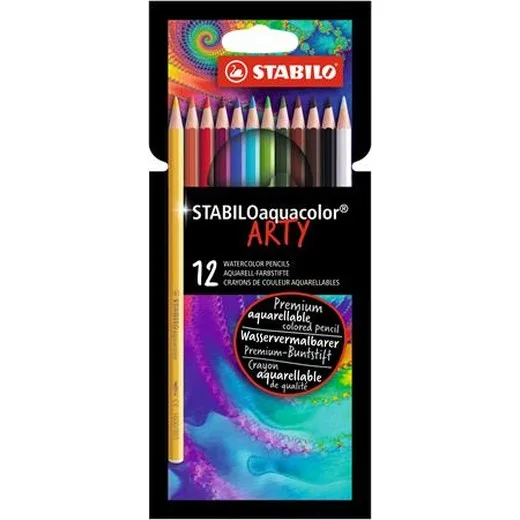 Akvarelová ceruzka, sada, STABILO "Aquacolor ARTY", 12 rôznych farieb