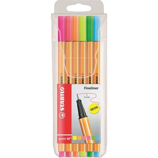 Liner, sada,  0,4 mm, STABILO "Point 88", 6 neónových farieb