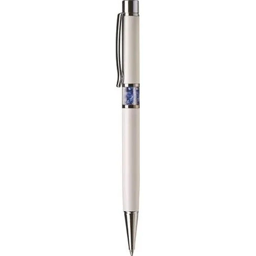 Guľôčkové pero, Crystals from SWAROVSKI®, biele, so zafírovo modrými krištáľmi v strede tela, 14cm