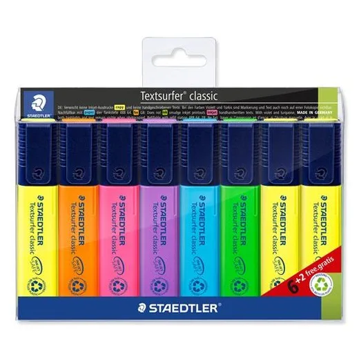 Zvýrazňovač, sada, 1-5 mm, STAEDTLER "Textsurfer Classic 364", 6+2 rôznych farieb