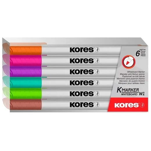 Popisovač na biele a flipchartové tabule, sada, 1-3 mm, kužeľový hrot, KORES "K-Marker W1", 6 rôznych farieb