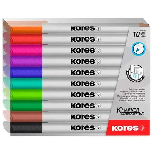 Popisovač na biele a flipchartové tabule, sada, 1-3 mm, kužeľový hrot, KORES "K-Marker W1", 10 rôznych farieb