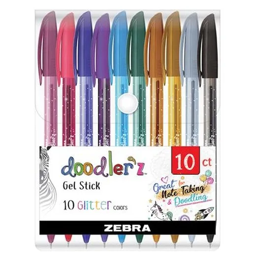 Gélové pero, sada, 0,33 mm, s uzáverom, ZEBRA "Doodler`z Glitter", 10 rôznych farieb