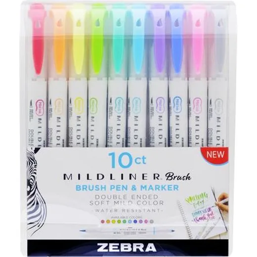 Fixky, sada, 0,5/0,7 mm, s dvomi hrotmi, ZEBRA "Mildliner Brush&Marker", 10  rôznych farieb