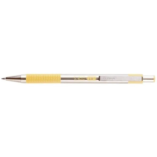 Guľôčkové pero, 0,24 mm, stláčací mechanizmus, nerezová oceľ, farba tela: pastelová žltá, ZEBRA "F-301", modré