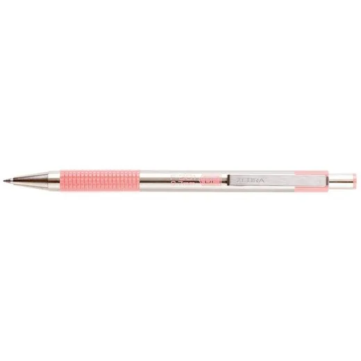 Guľôčkové pero, 0,24 mm, stláčací mechanizmus, nerezová oceľ, farba tela: pastelová ružová, ZEBRA "F-301", modré