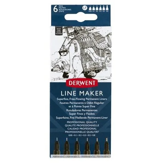 Liner, sada, 0,05/0,1/0,2/ 0,3/0,5/0,8 mm, DERWENT "Line Marker", čierny