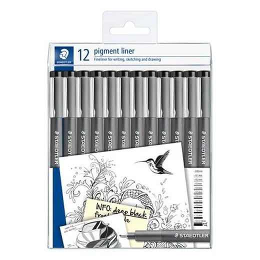 Liner, sada, 12 rôznych hrúbok, STAEDTLER "Pigment Liner 308", čierna
