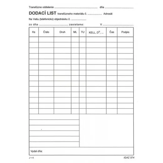 Dodací list transfúz.materiálu A5 100 listov