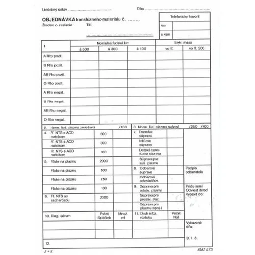 Objednávka transfúz.materiálu A5 100 listov