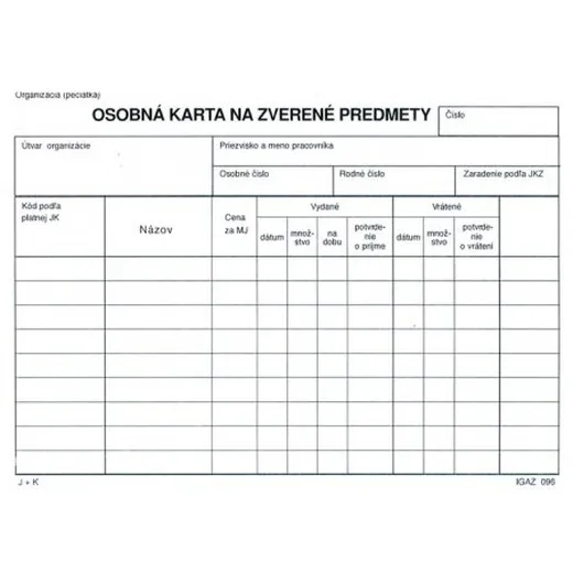 Osobná karta na zverené predmety A5