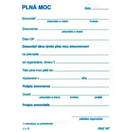 Plná moc A6 blok 100 listov