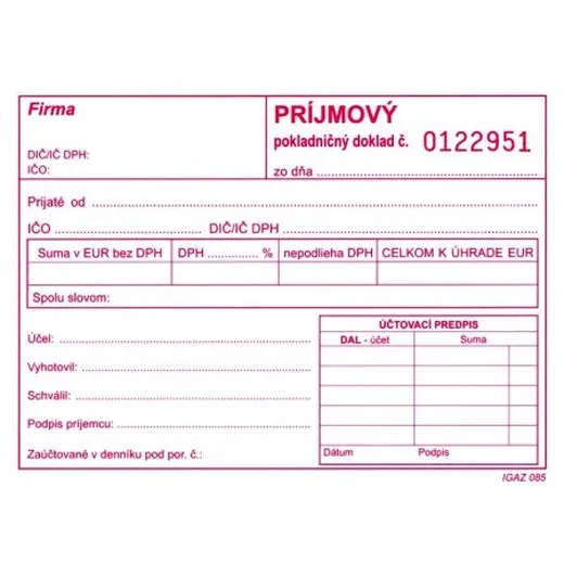 Príjmový pokladničný doklad A6 obyčajný s DPH číslovaný