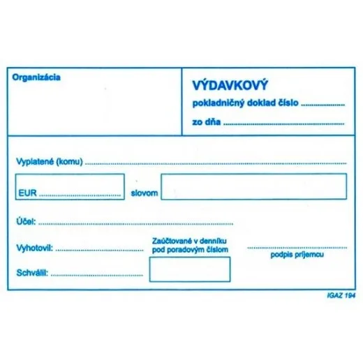 Výdavkový pokladničný doklad obyčajný bez DPH 100 listov