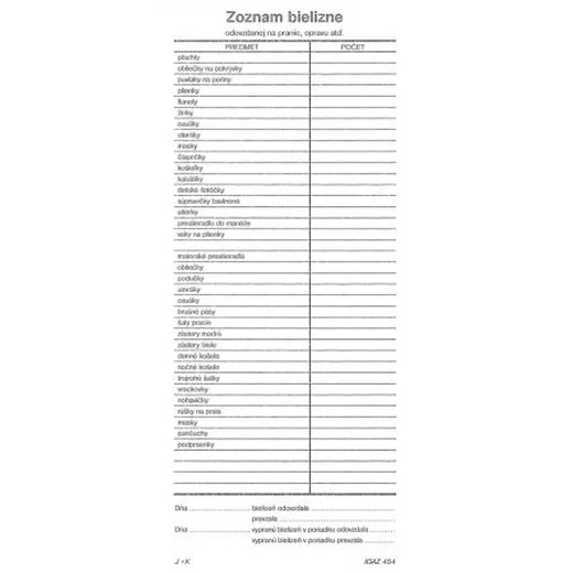 Zoznam bielizne na pranie 105x260 50 listov
