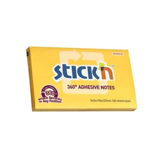 Samolepiaci poznámkový blok, 76x127 mm, 100 listov, STICK N „360°, žltá