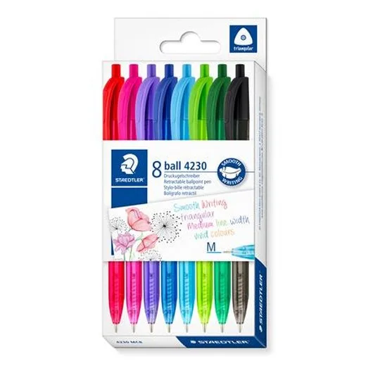 Guľôčkové pero, 1 mm, stláčací mechanizmus, STAEDTLER® "4230 M", 8 rôznych farieb