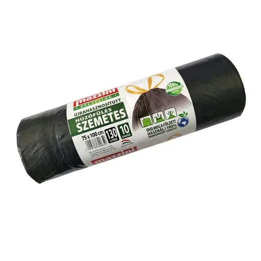 Vrecia na odpadky, recyklované, zaťahovacie, 130 l, 10 ks, 75x100 cm, 32 µ, MAZZINI, čierna
