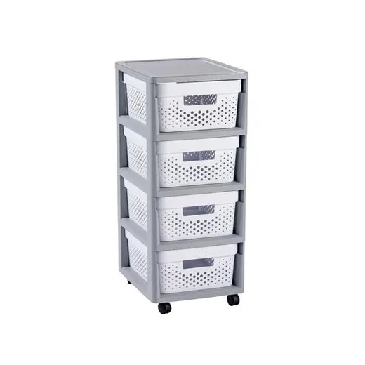 Zásuvkový regál, recyklovaný plast, 4x11 l, CURVER "Infinity", sivá/biela