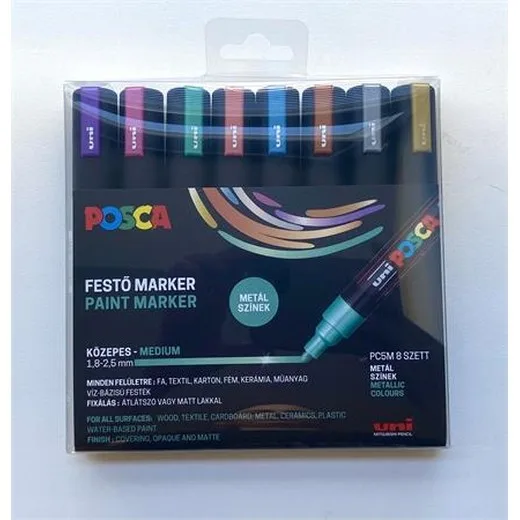 Dekoračný popisovač, 1,8-2,5 mm, UNI "Posca PC-5M", 8 rôznych kovových farieb
