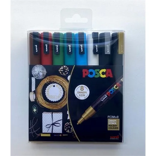 Dekoračný popisovač, sada, 0,9-1,3 mm, UNI "Posca PC-3M Holiday", 8 rôznych farieb