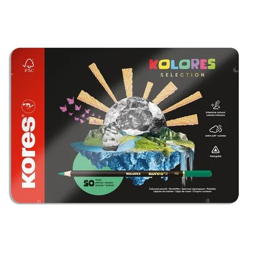 Farebné ceruzky, sada, trojhranné, kovová krabica, KORES "Kolores Selection", 50 rôznych farieb