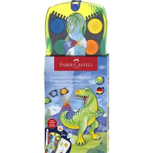 Vodové farby, 12-kusové, skladacie, FABER-CASTELL "Dinosaurus" + 1 tuba bielej temperovej farby + nálepky dinosaura