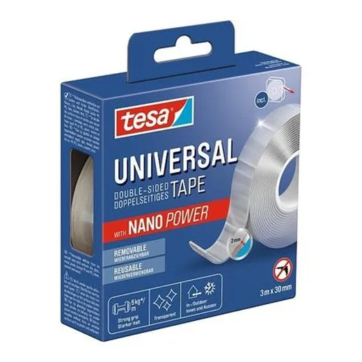 Lepiaca páska, obojstranná, opakovane použiteľná, priehľadná, 30 mm x 3 m, TESA "Universal Nanotape"