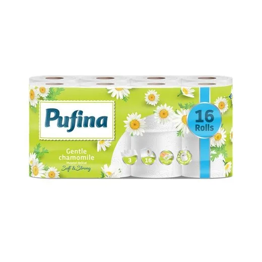 Toaletný papier, 3-vrstvový, malý kotúč, 16 kotúčov, PUFINA "Chamomile", s vôňou harmančeka