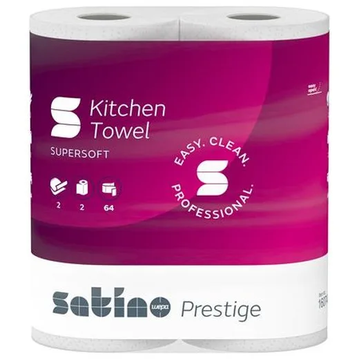 Papierové utierky, dvojvrstvové, 2 kotúče, 64 listov, "Satino Prestige", biele