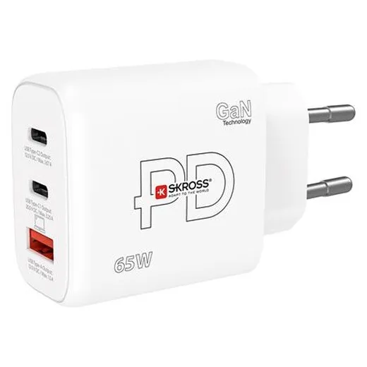 Sieťová nabíjačka, 1× USB-A, 2× USB-C, PD, 65 W, GaN, SKROSS