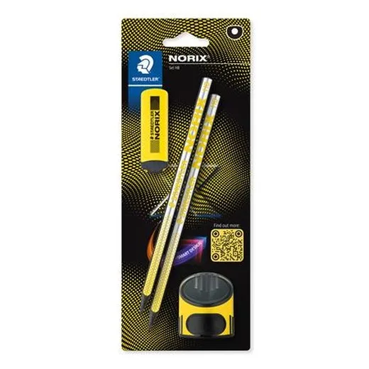 Grafitová ceruzka, sada, so strúhadlom a gumou, tvrdosť HB, STAEDTLER "Norix® 181", žltá