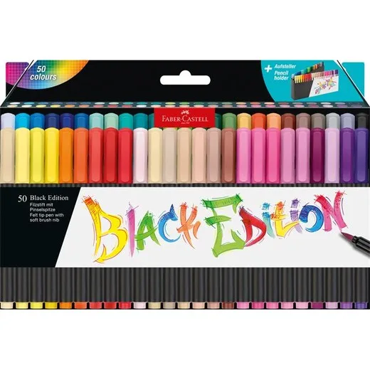 Fixky štetcové, v stojančeku, FABER-CASTELL "Black Edition", 50 rôznych farieb