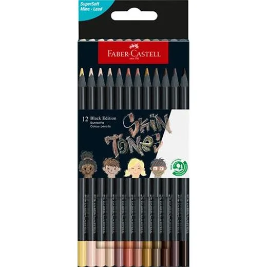 Farebné ceruzky, sada, trojhranné, FABER-CASTELL "Black Edition", 12 rôznych odtieňov pleti