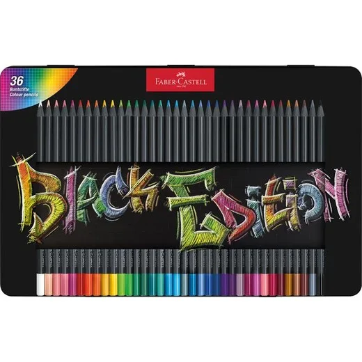 Farebné ceruzky, sada, trojhranné, v plechovej krabičke, FABER-CASTELL "Black Edition", 36 rôznych farieb