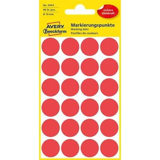 Etikety, okrúhle, priemer: 18 mm, AVERY ZWECKFORM, červené, 96 etikiet/bal