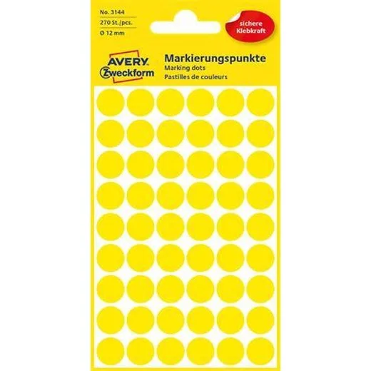 Etikety, okrúhle, priemer: 12 mm, AVERY ZWECKFORM, žlté, 270 etikiet/bal