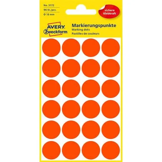 Etikety, okrúhle, priemer: 18 mm, AVERY ZWECKFORM, neónovo červené, 96 etikiet/bal