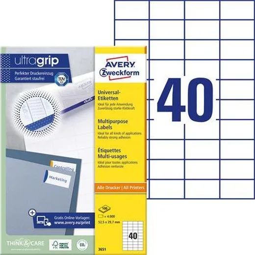 Etikety, univerzálne, 52,5x29,7 mm, AVERY ZWECKFORM, 4000 etikiet/bal