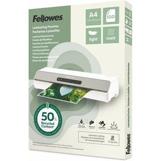 Laminovacia fólia, 80 mikr., A4, matná, 100 ks, FELLOWES "Light"
