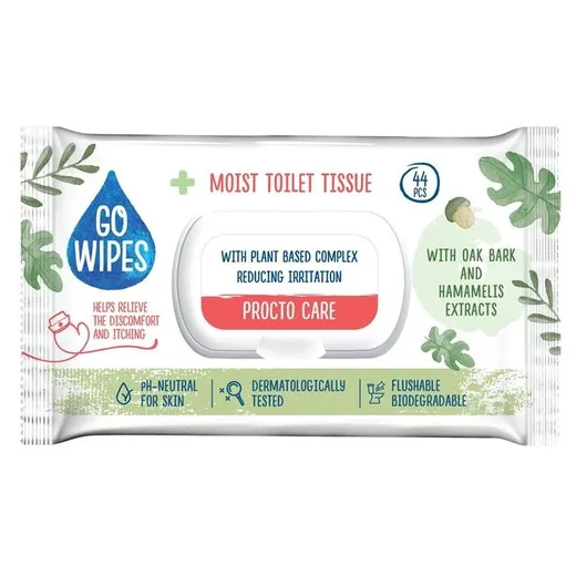 Toaletný papier, vlhčený, s uzatvárateľným viečkom, 44 ks, GO WIPES "Procto Care"