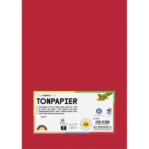 Farebný papier, A4, 130 g, 100 listov, FOLIA, jasný červený