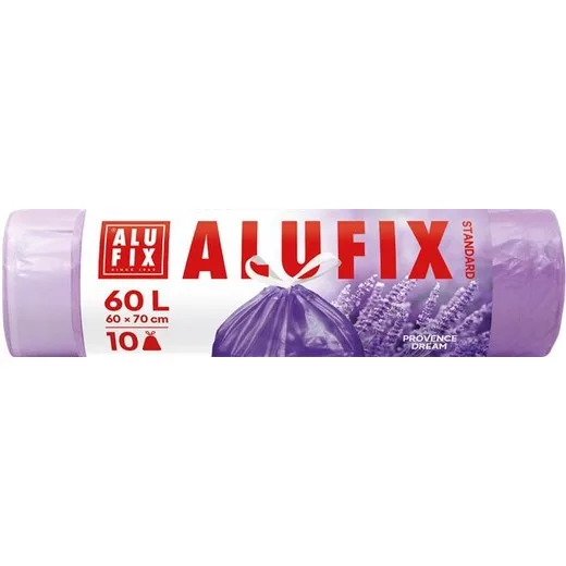 Vrecia na odpadky, zaťahovacie, parfumované, 60 l, 10 ks, 60x70 cm, 15 µ, ALUFIX, levanduľa