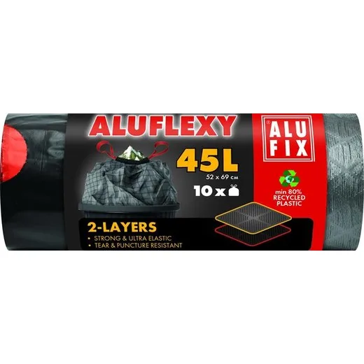 Vrecia na odpadky, zaťahovacie, dvojvrstvové, 45 l, 10 ks, 52x69 cm, 28 µ, ALUFIX "Aluflexy"