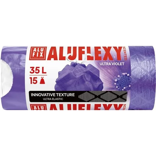 Vrecia na odpadky, zaťahovacie, LDPE, parfumované, 35 l, 15 ks, 53x53 cm, 20 µ, ALUFIX "Aluflexy", fialové